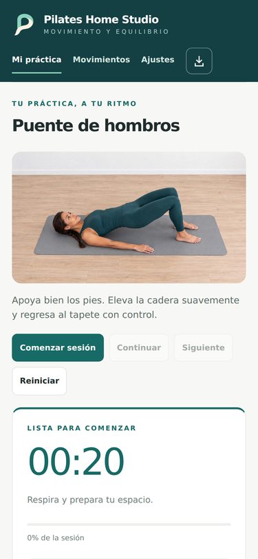 Conoce el Pilates Home Studio — pantalla real de la aplicación